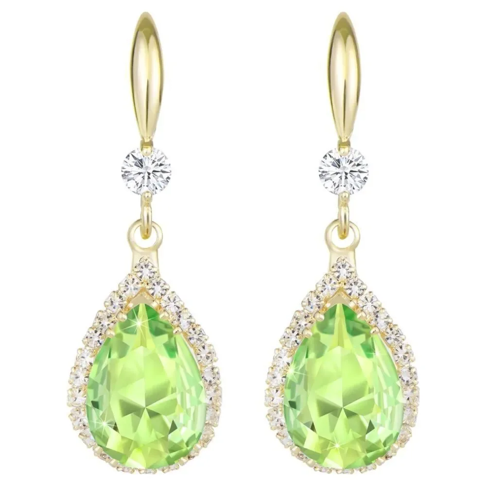 14K Yellow Gold with Peridot Green Cubic Zirconia Teardrop Hook Dangle Earrings